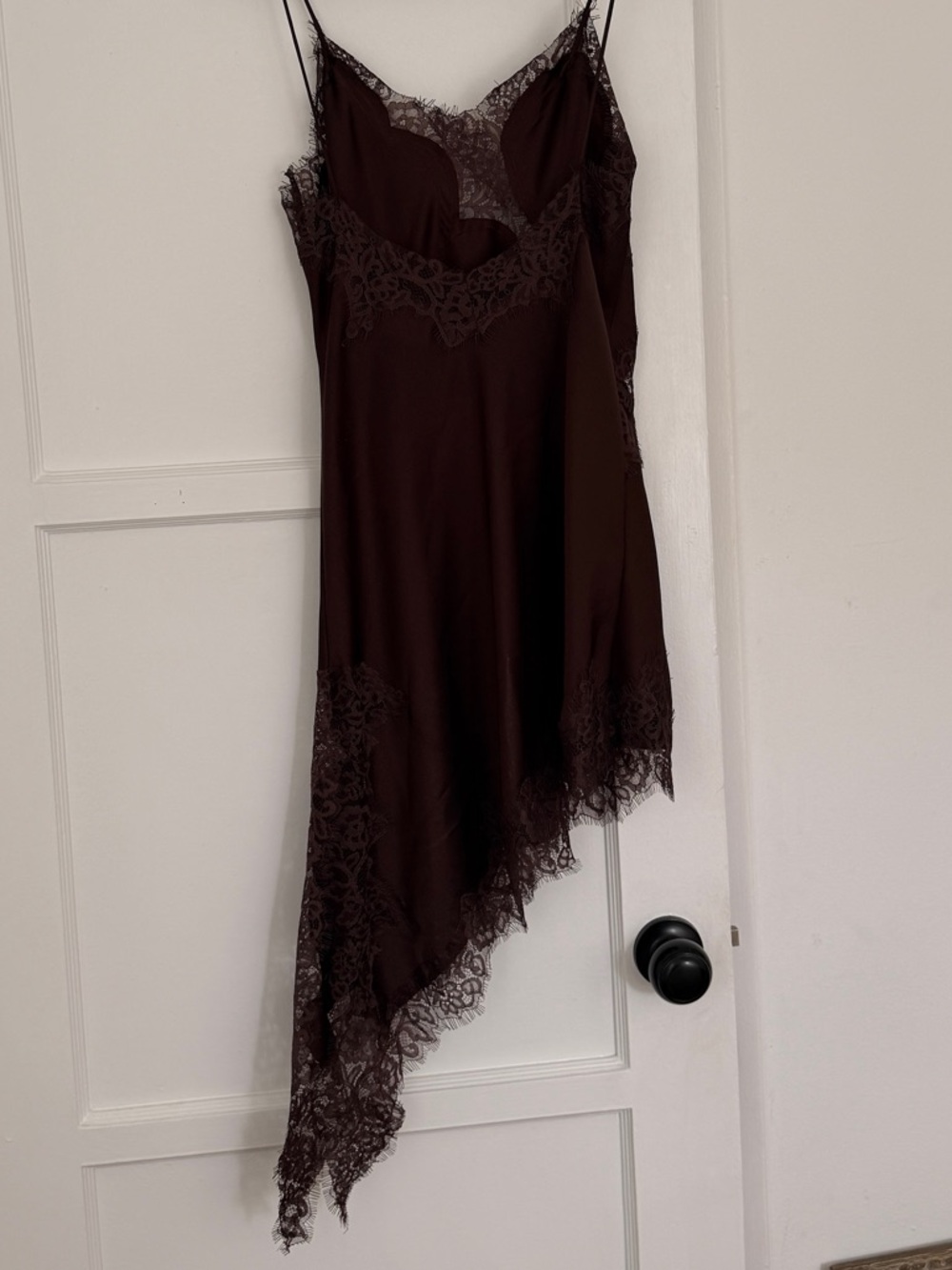 chocolate brown lace asymmetrical mini slip dress - Picture 2 of 5